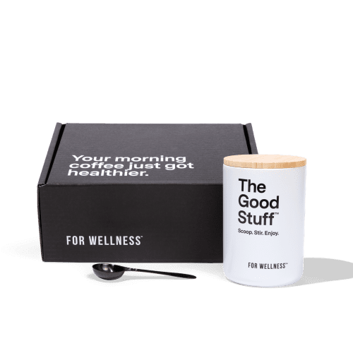 A health-conscious coffee kit featuring a labeled mug and a sturdy box.