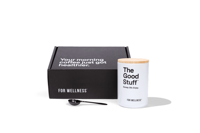 A health-conscious coffee kit featuring a labeled mug and a sturdy box.