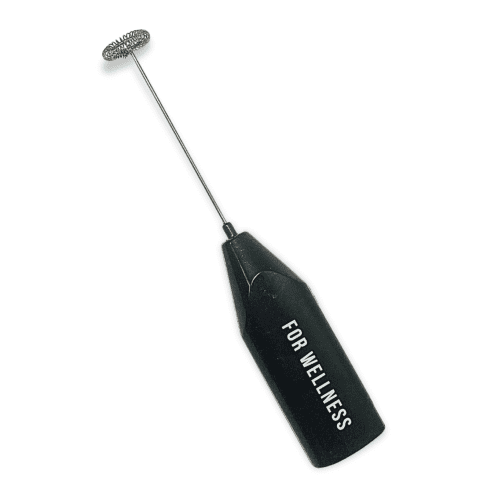 A black handheld frother with the words 'FOR WELLNESS' on it.