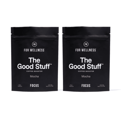 Two bags of 'The Good Stuff' coffee booster in mocha flavor.