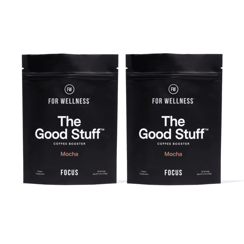 Two bags of 'The Good Stuff' coffee booster in mocha flavor.