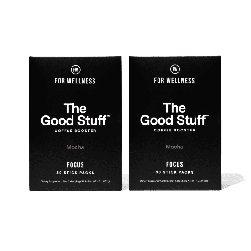 Two boxes of The Good Stuff coffee booster in Mocha flavor, designed for focus.