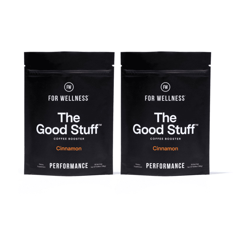 Two packages of 'The Good Stuff' coffee booster in cinnamon flavor.