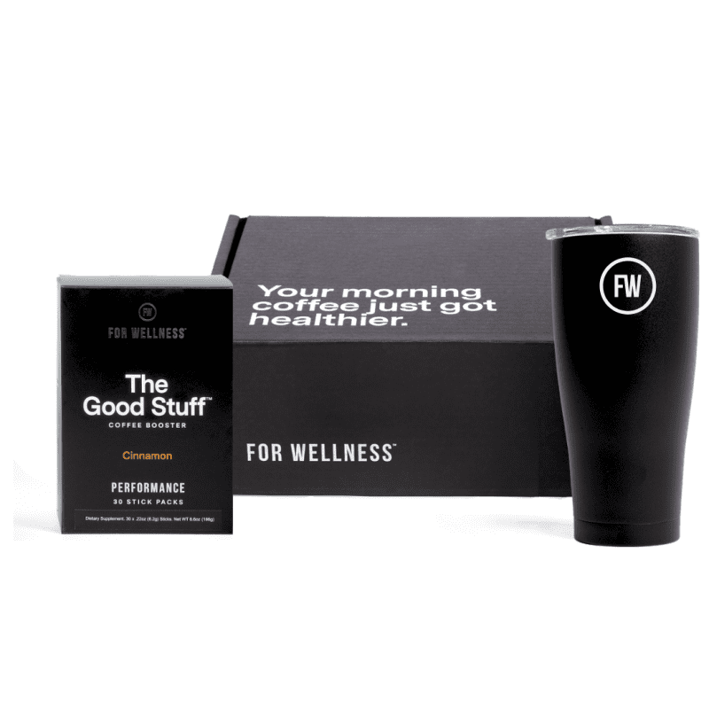 Coffee package, wellness box, and black insulated tumbler.